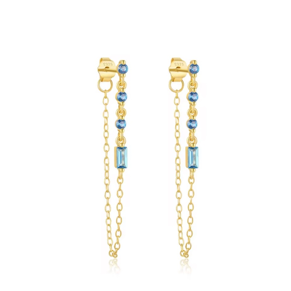 18 k Gold Plated Sterling Silver Light Blue Stone Chain Earrings